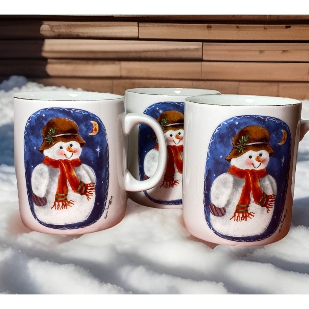Vintage Elaine Thompson Snowman on a Winter Evening Mug‎ Set of 3 Gold Rim 1997
